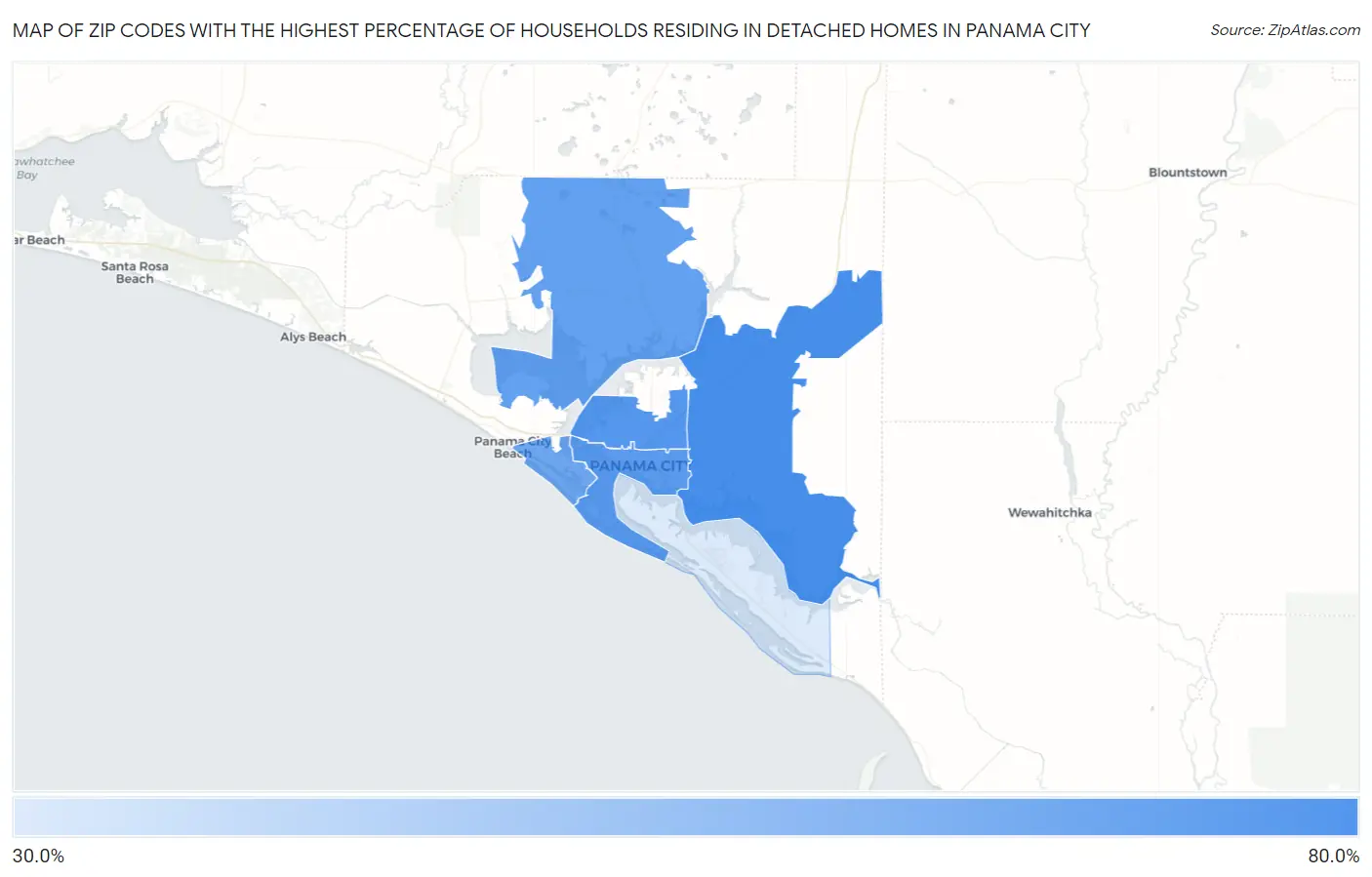 Zip Codes with the Highest Percentage of Households Residing in Detached Homes in Panama City Map