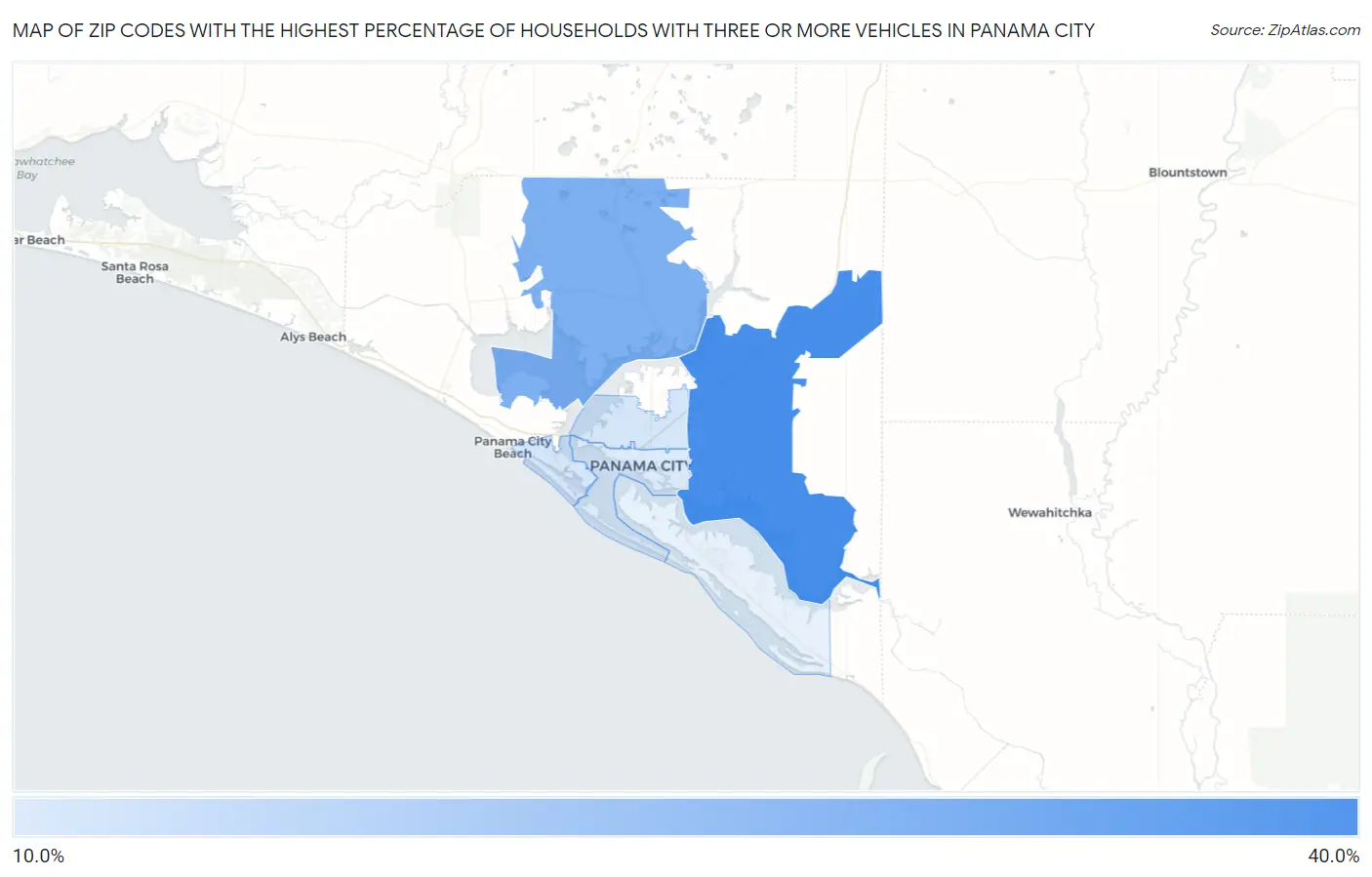Zip Codes with the Highest Percentage of Households With Three or more Vehicles in Panama City Map