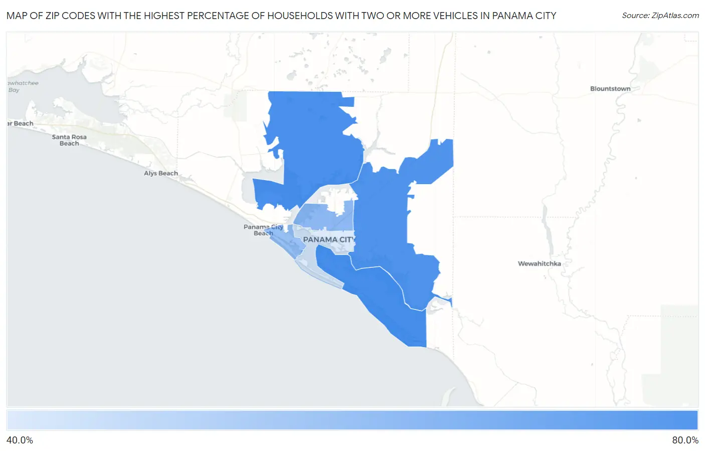 Zip Codes with the Highest Percentage of Households With Two or more Vehicles in Panama City Map