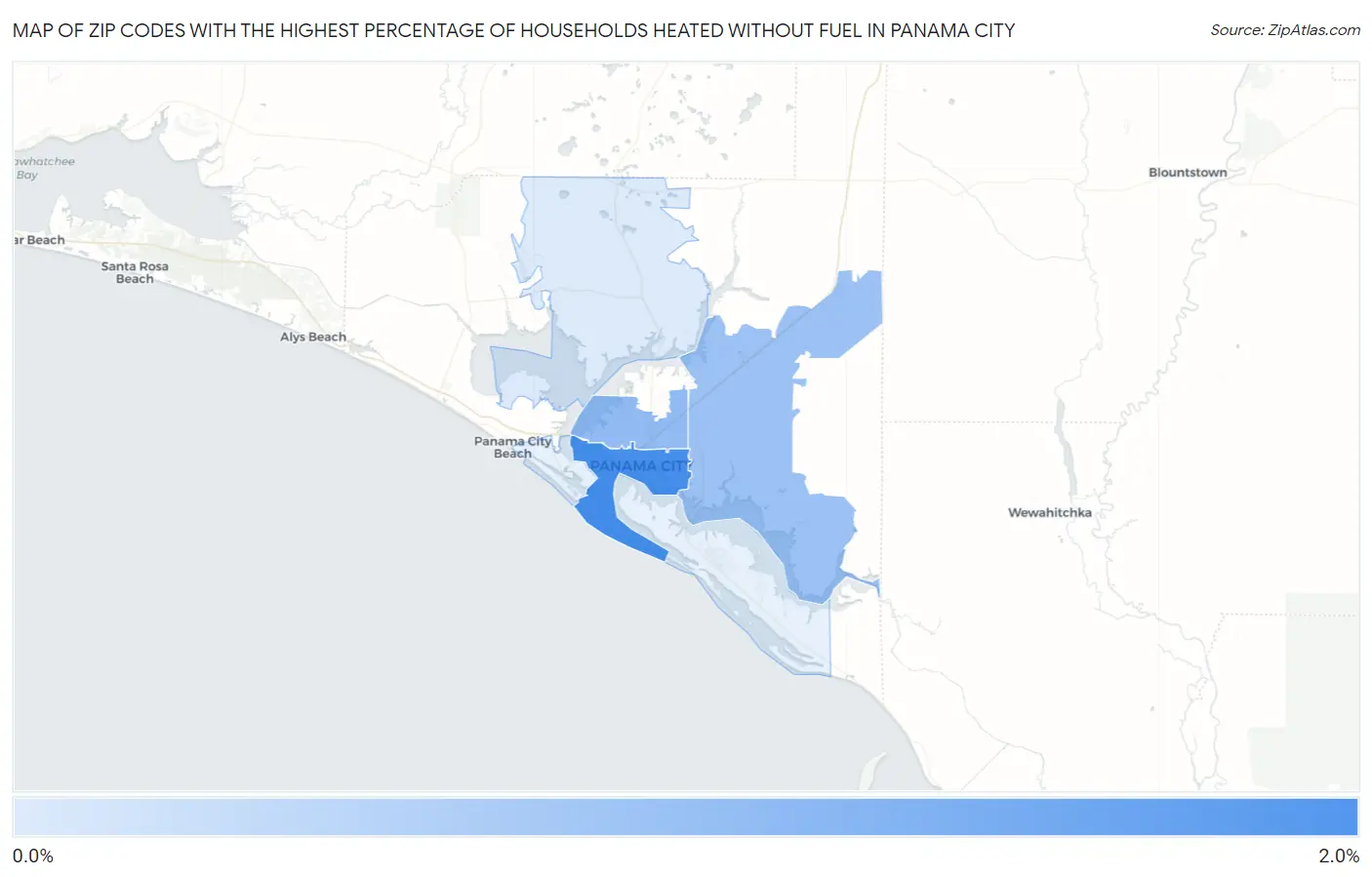 Zip Codes with the Highest Percentage of Households Heated without Fuel in Panama City Map