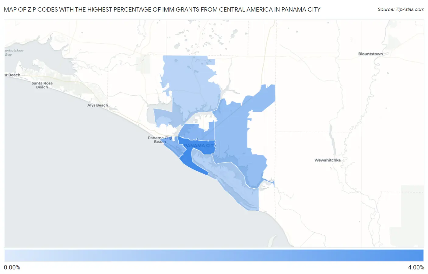 Zip Codes with the Highest Percentage of Immigrants from Central America in Panama City Map