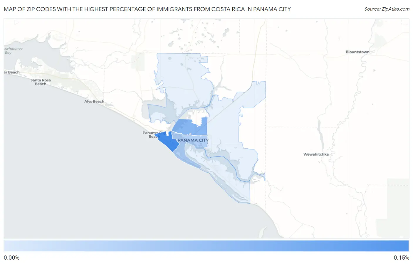 Zip Codes with the Highest Percentage of Immigrants from Costa Rica in Panama City Map