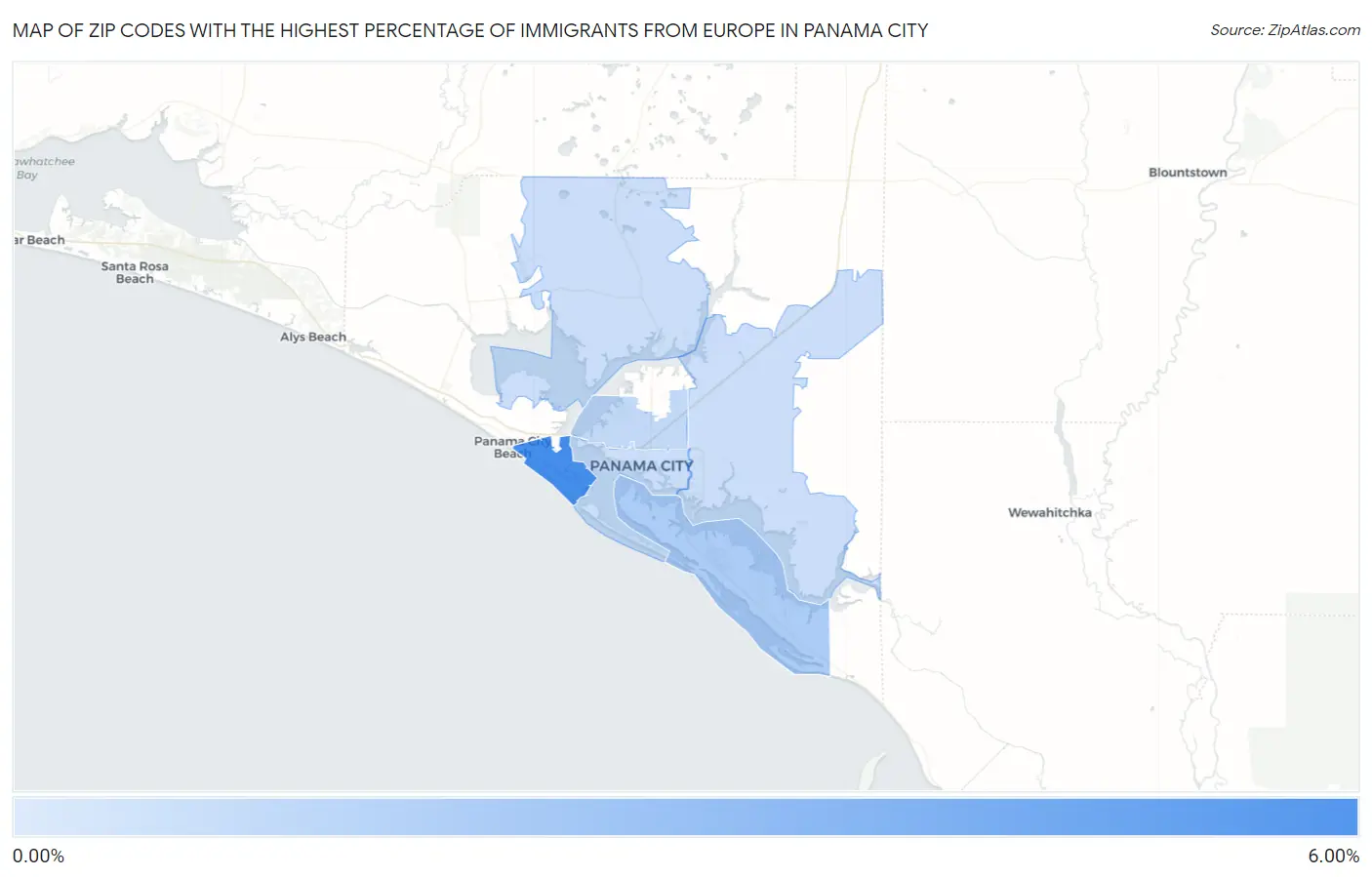 Zip Codes with the Highest Percentage of Immigrants from Europe in Panama City Map