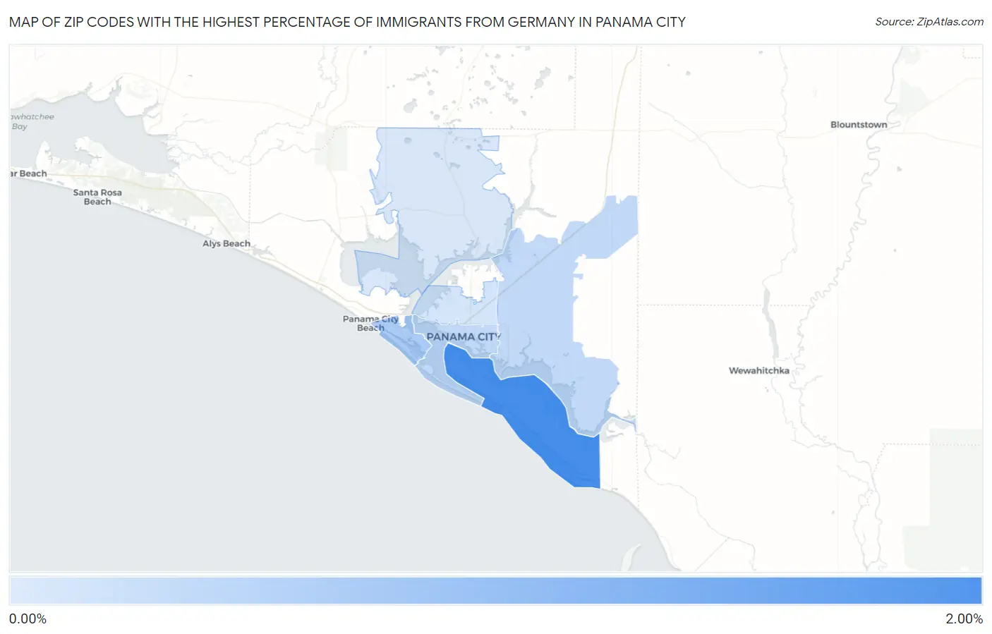 Zip Codes with the Highest Percentage of Immigrants from Germany in Panama City Map