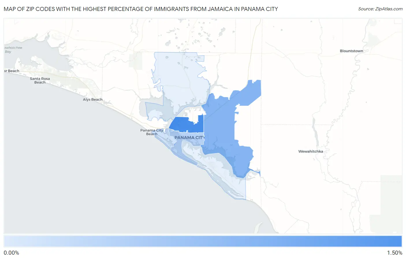 Zip Codes with the Highest Percentage of Immigrants from Jamaica in Panama City Map