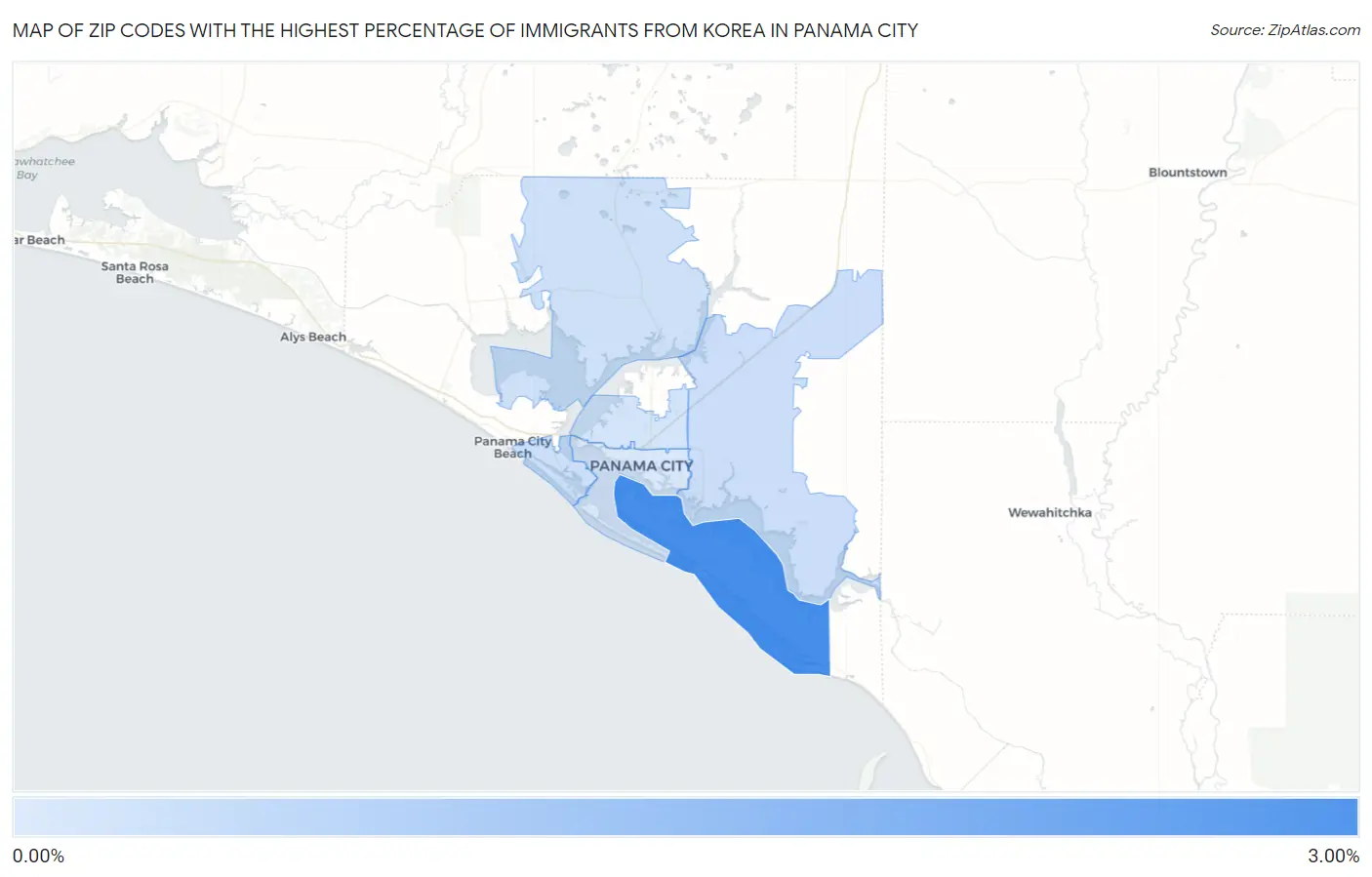 Zip Codes with the Highest Percentage of Immigrants from Korea in Panama City Map