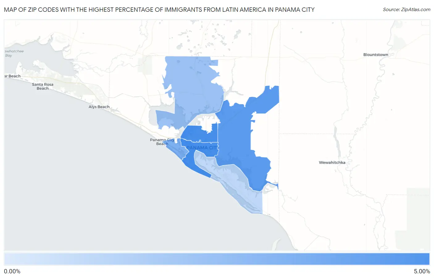 Zip Codes with the Highest Percentage of Immigrants from Latin America in Panama City Map