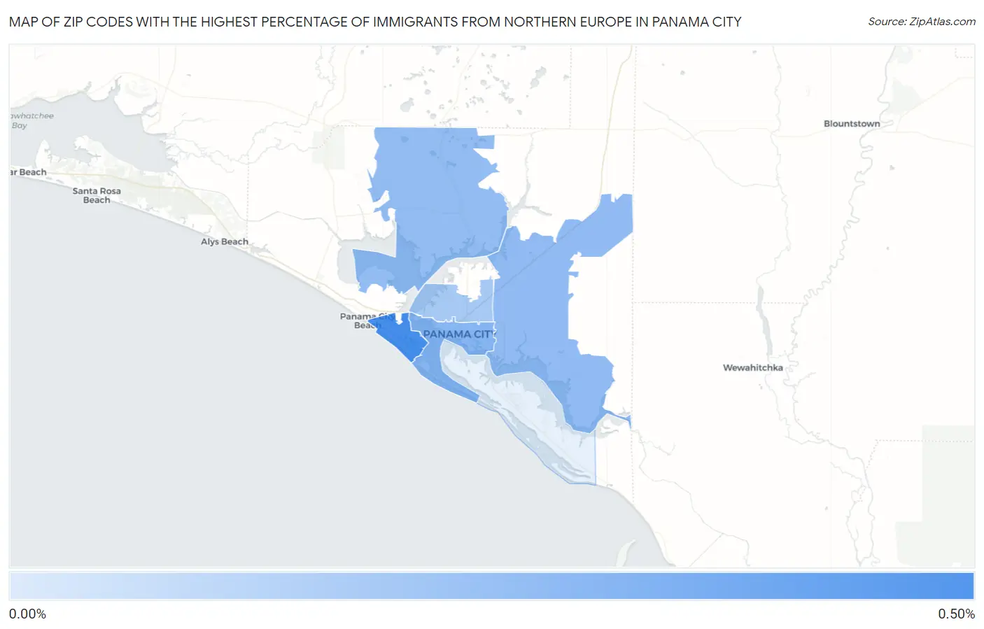 Zip Codes with the Highest Percentage of Immigrants from Northern Europe in Panama City Map
