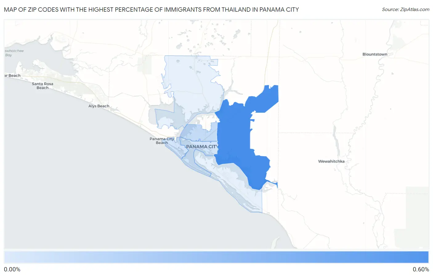 Zip Codes with the Highest Percentage of Immigrants from Thailand in Panama City Map