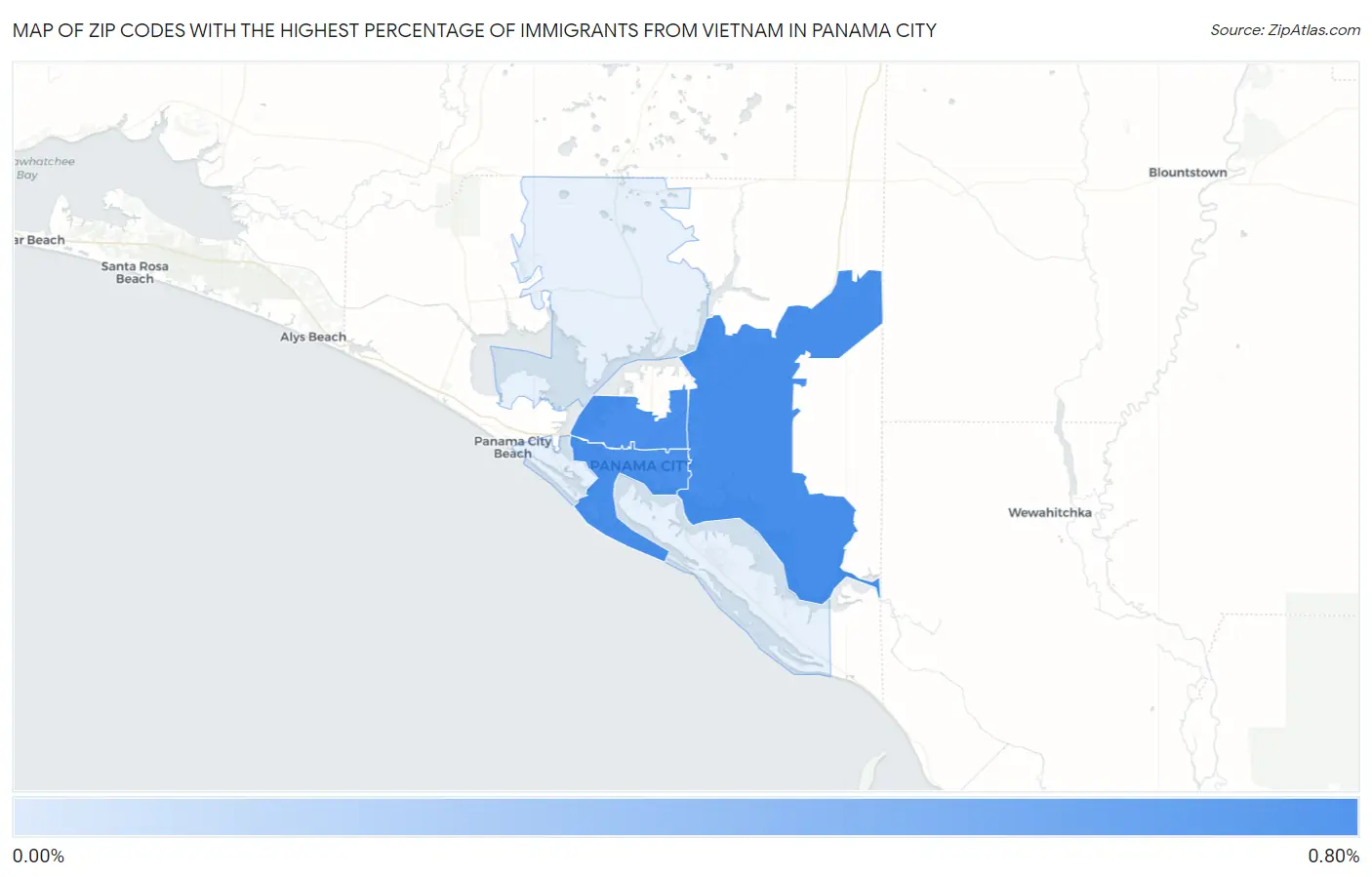 Zip Codes with the Highest Percentage of Immigrants from Vietnam in Panama City Map