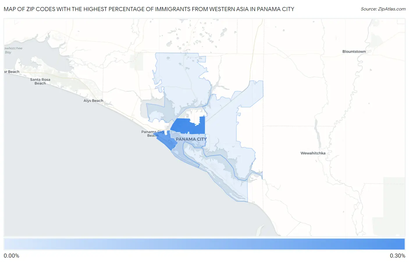 Zip Codes with the Highest Percentage of Immigrants from Western Asia in Panama City Map