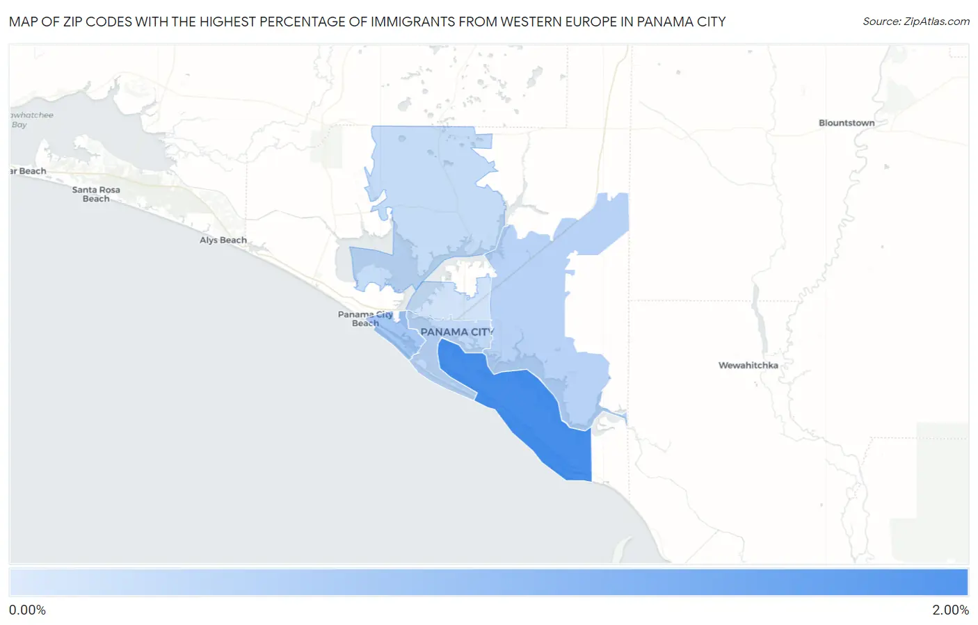 Zip Codes with the Highest Percentage of Immigrants from Western Europe in Panama City Map