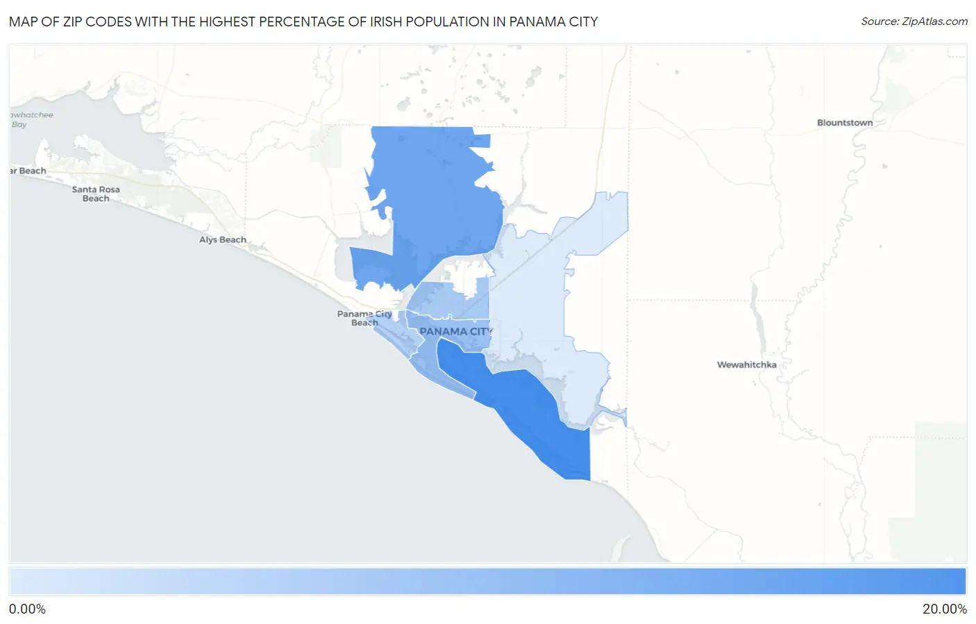 Zip Codes with the Highest Percentage of Irish Population in Panama City Map