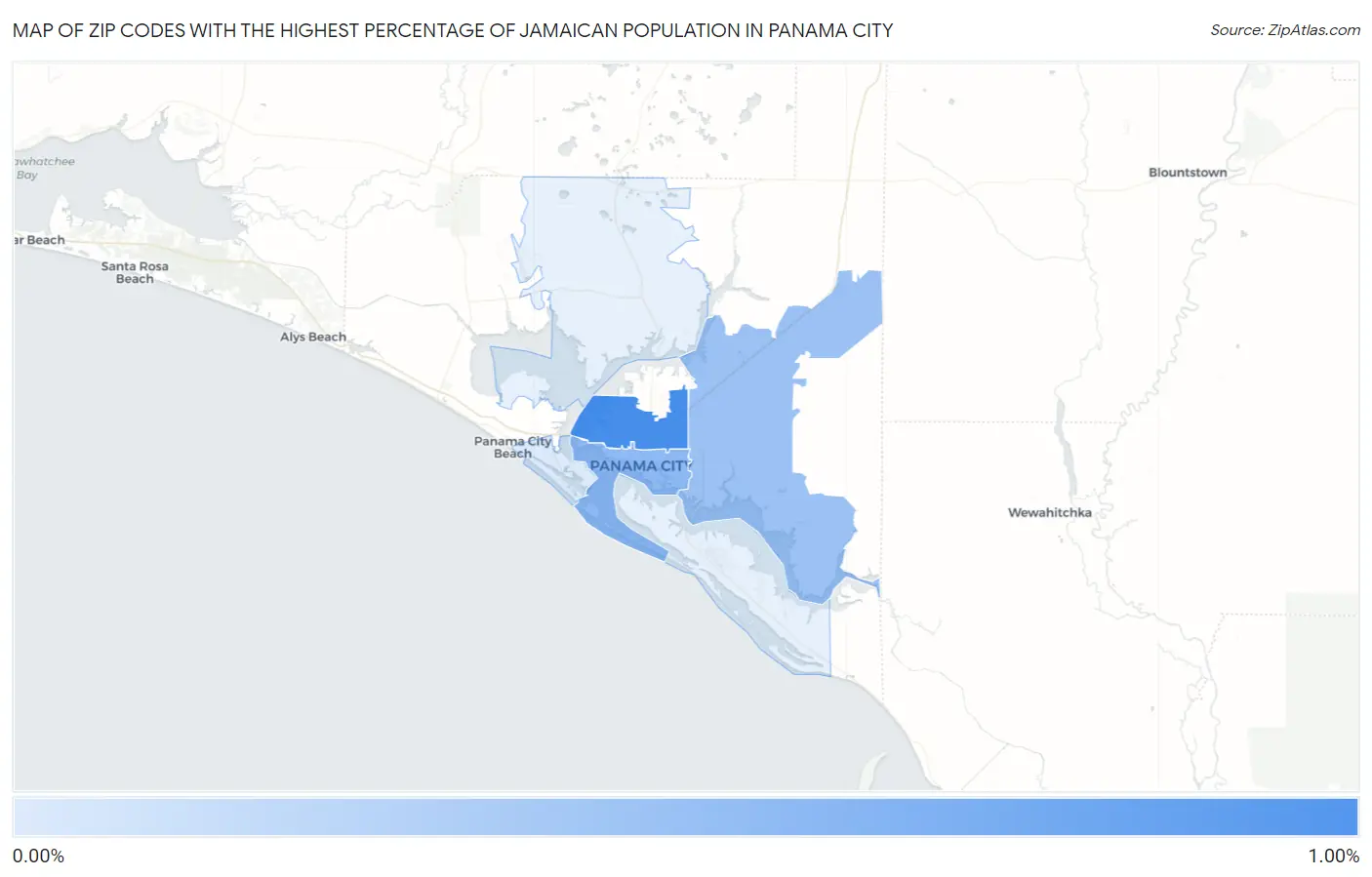 Zip Codes with the Highest Percentage of Jamaican Population in Panama City Map