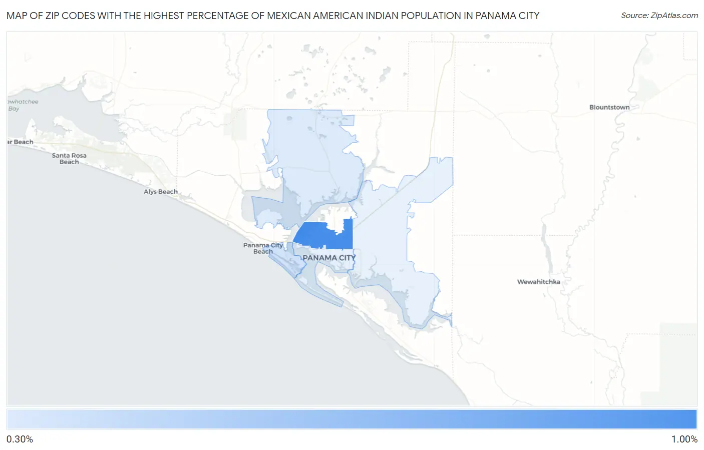 Zip Codes with the Highest Percentage of Mexican American Indian Population in Panama City Map