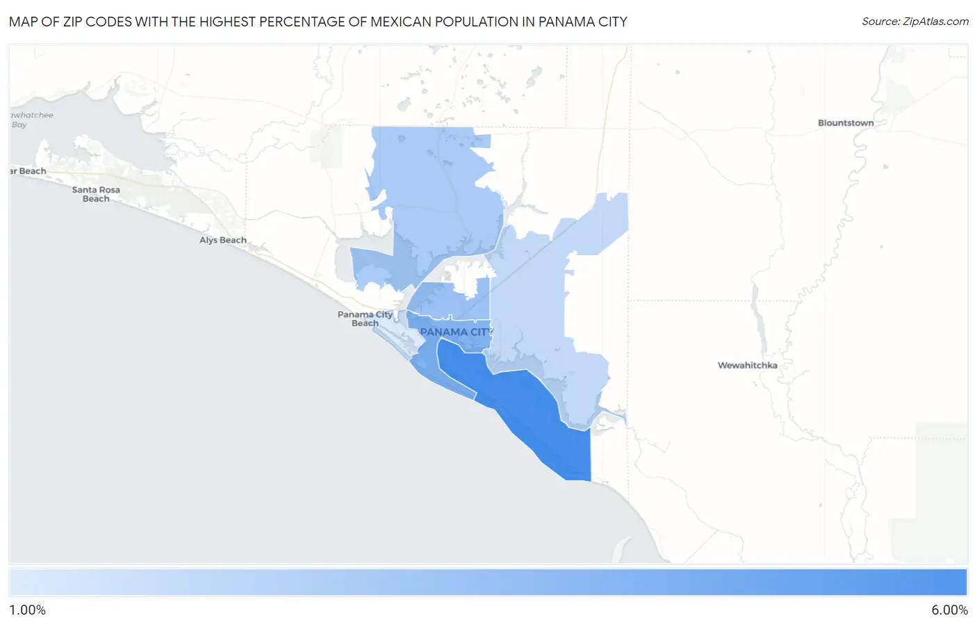 Zip Codes with the Highest Percentage of Mexican Population in Panama City Map