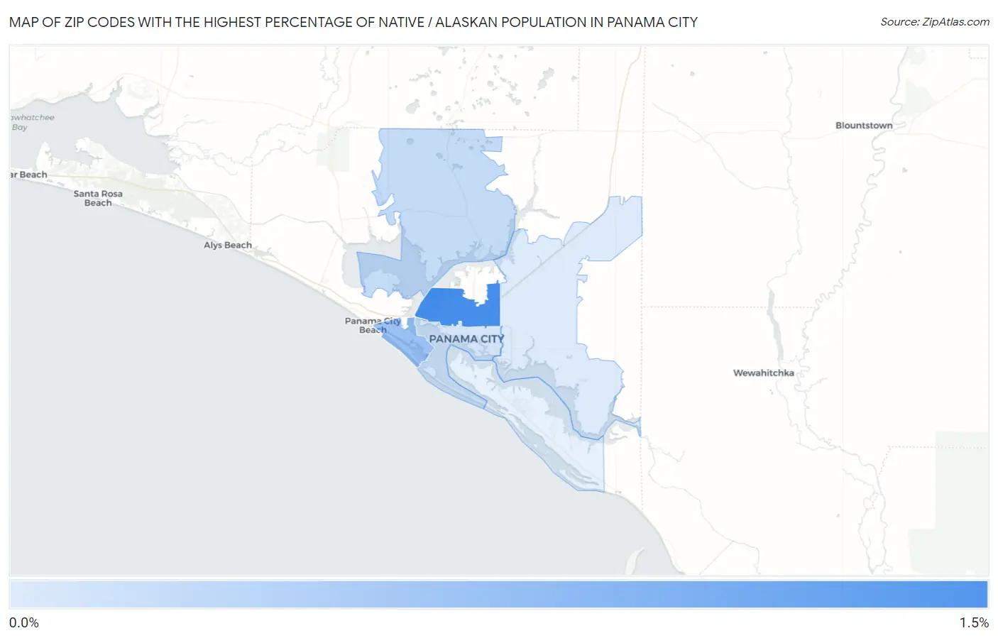 Zip Codes with the Highest Percentage of Native / Alaskan Population in Panama City Map