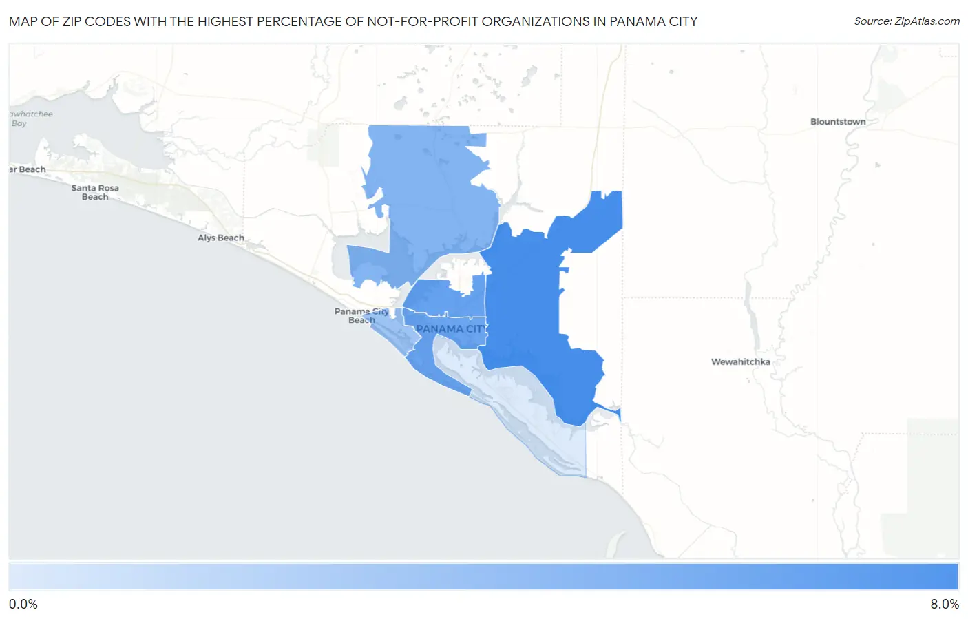 Zip Codes with the Highest Percentage of Not-for-profit Organizations in Panama City Map