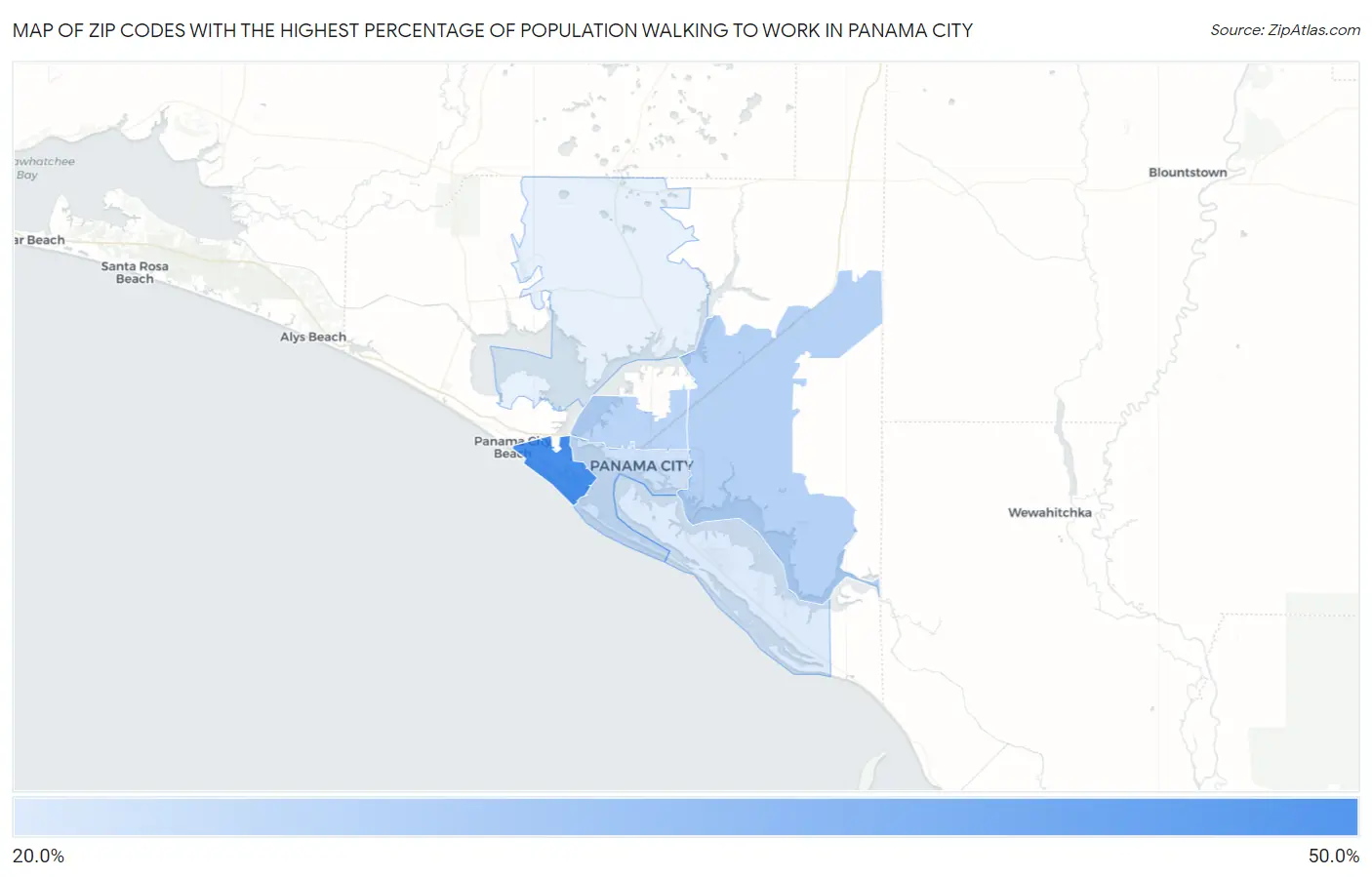 Zip Codes with the Highest Percentage of Population Walking to Work in Panama City Map
