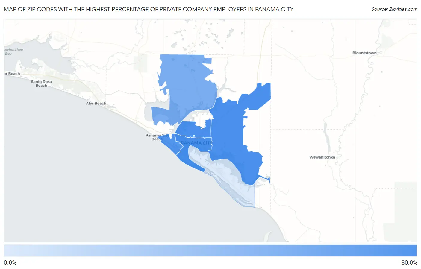 Zip Codes with the Highest Percentage of Private Company Employees in Panama City Map