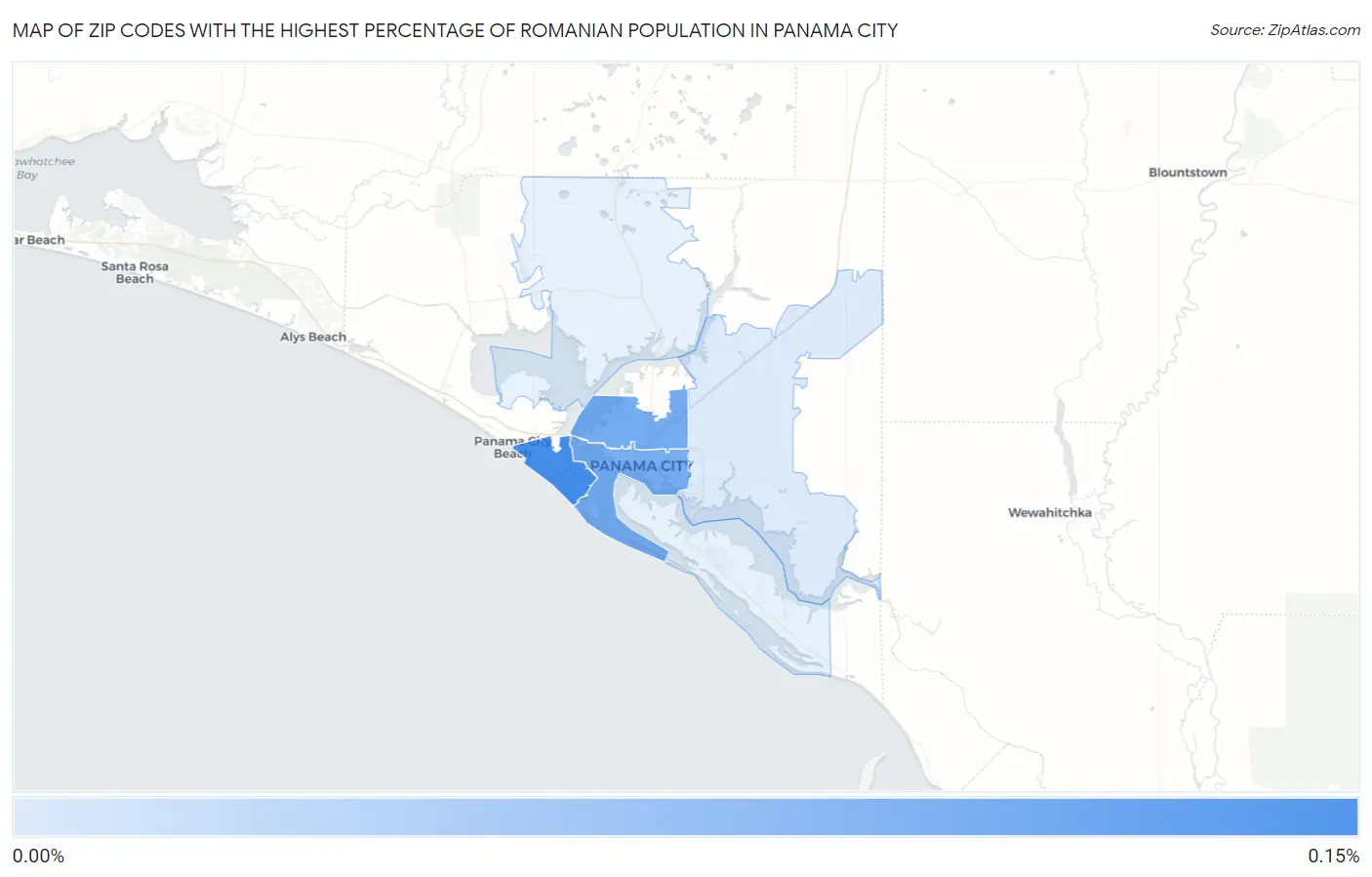 Zip Codes with the Highest Percentage of Romanian Population in Panama City Map