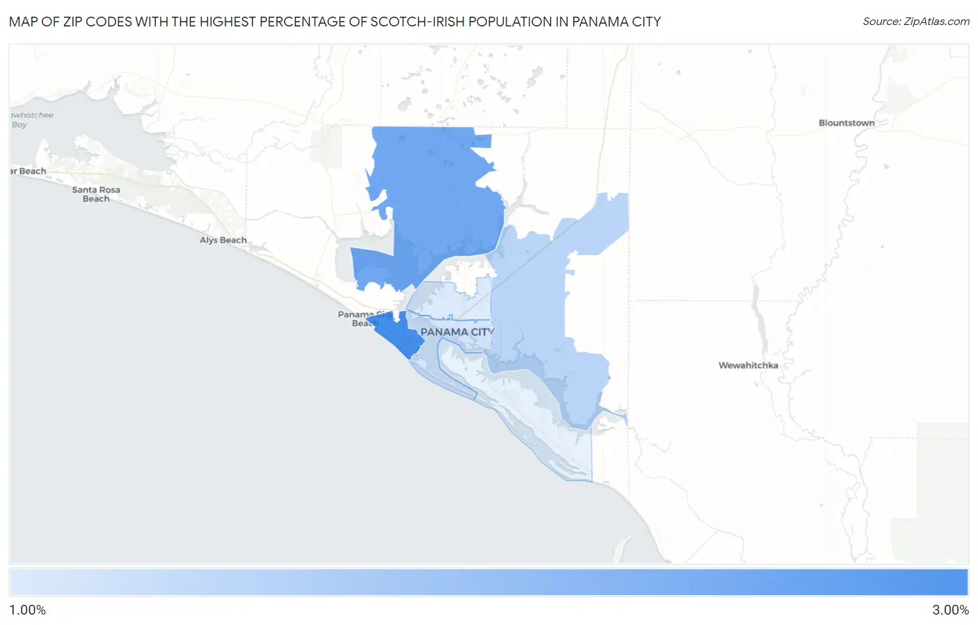 Zip Codes with the Highest Percentage of Scotch-Irish Population in Panama City Map