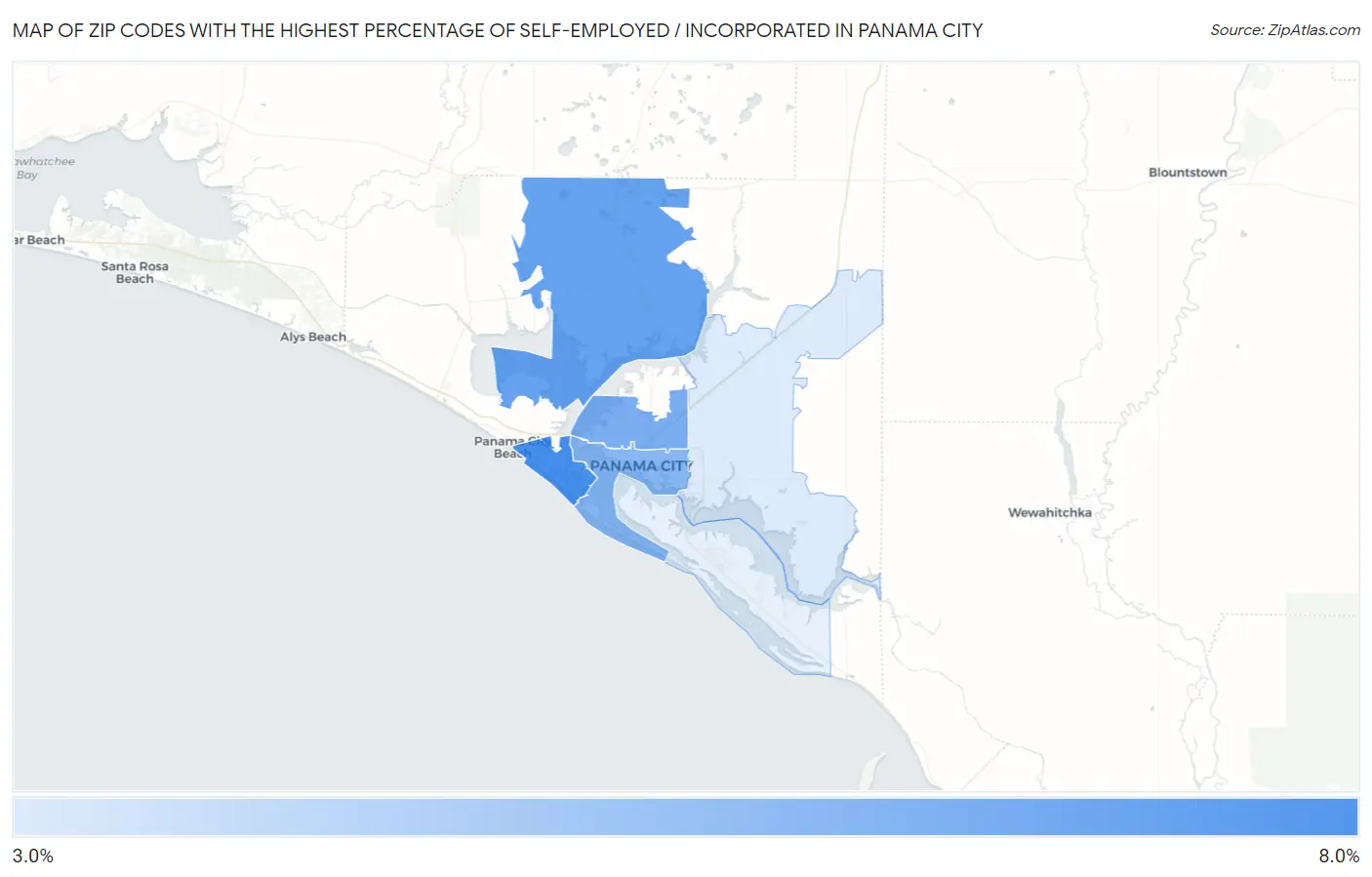 Zip Codes with the Highest Percentage of Self-Employed / Incorporated in Panama City Map