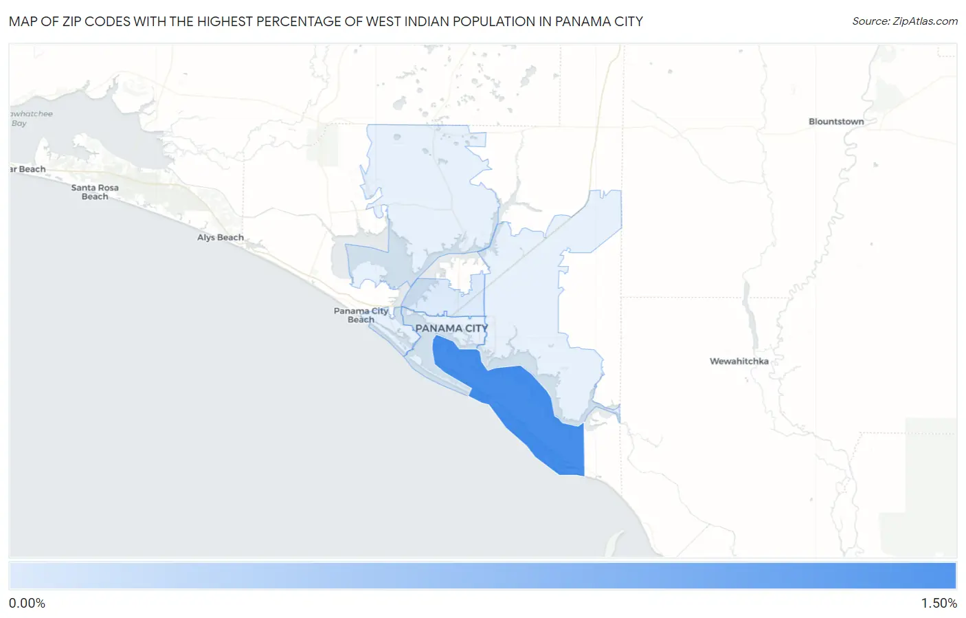 Zip Codes with the Highest Percentage of West Indian Population in Panama City Map