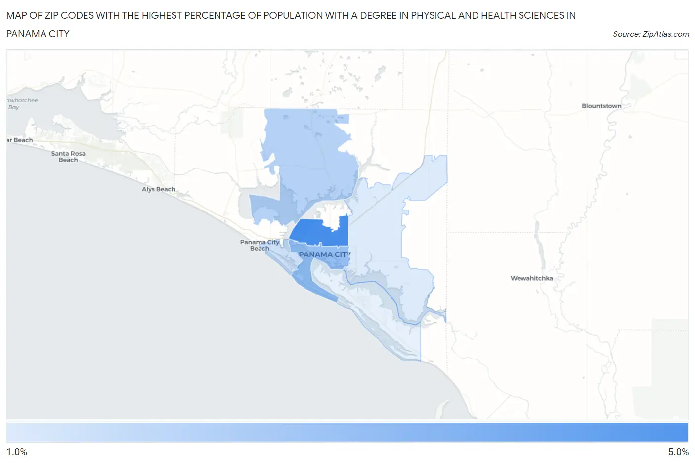 Zip Codes with the Highest Percentage of Population with a Degree in Physical and Health Sciences in Panama City Map