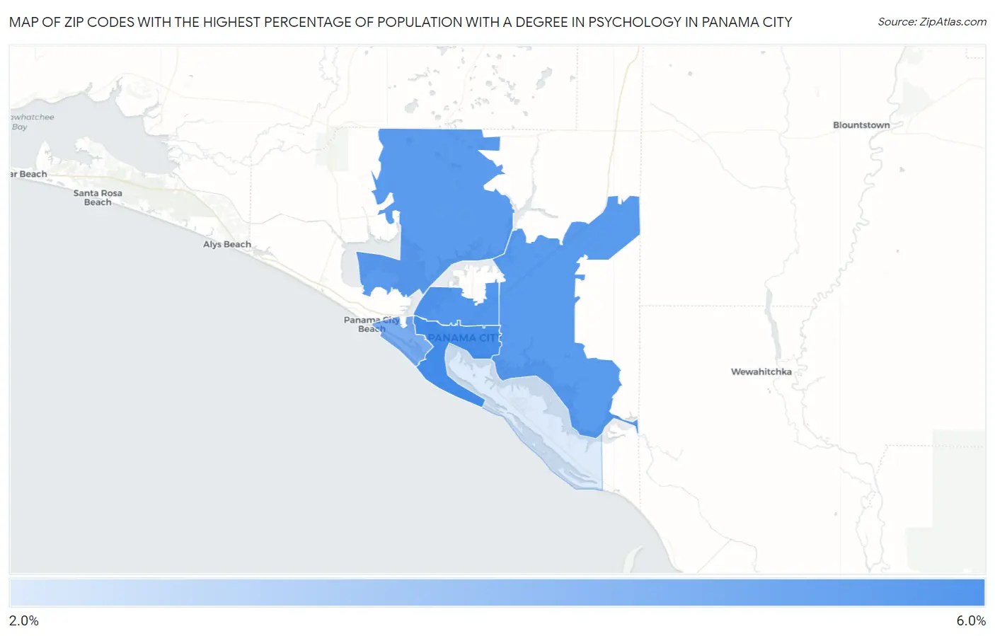 Zip Codes with the Highest Percentage of Population with a Degree in Psychology in Panama City Map