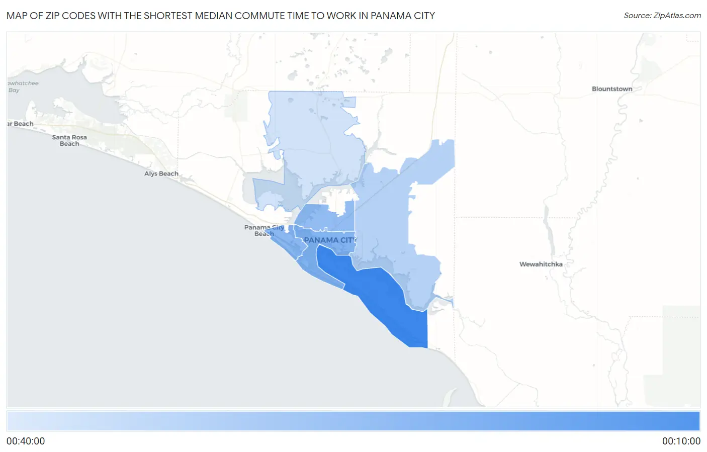 Zip Codes with the Shortest Median Commute Time to Work in Panama City Map
