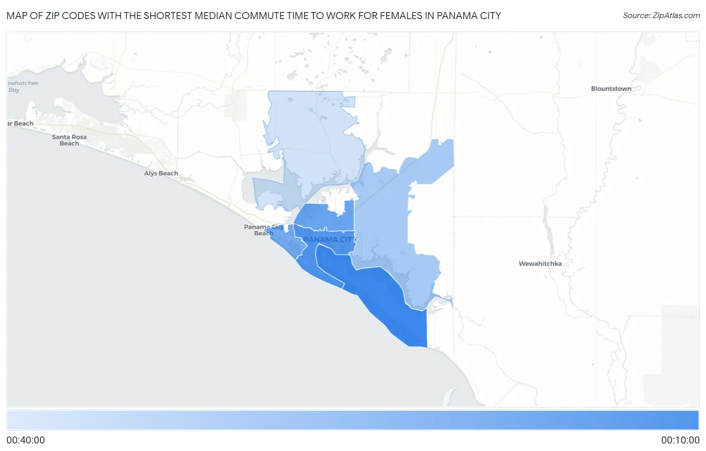 Zip Codes with the Shortest Median Commute Time to Work for Females in Panama City Map