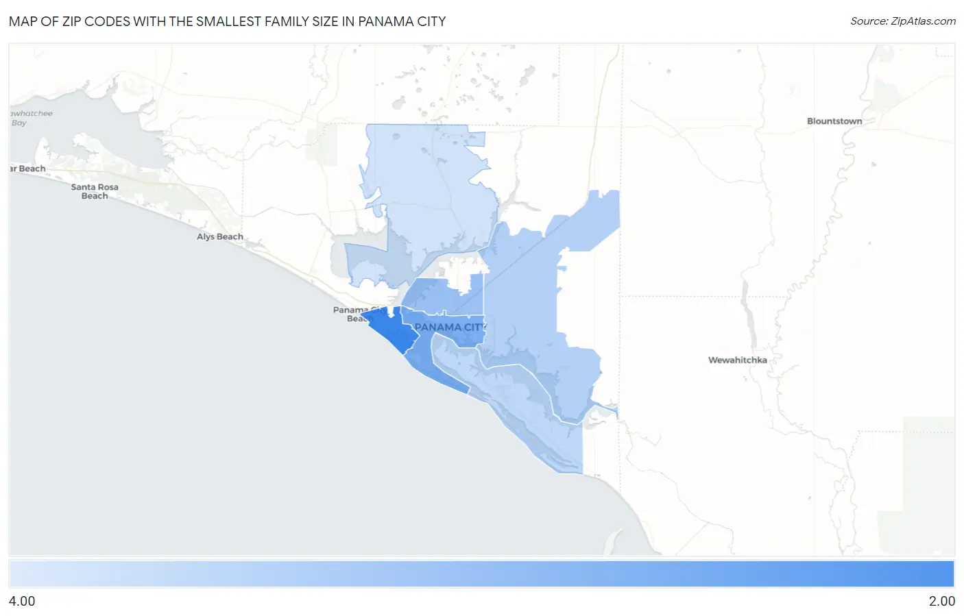 Zip Codes with the Smallest Family Size in Panama City Map