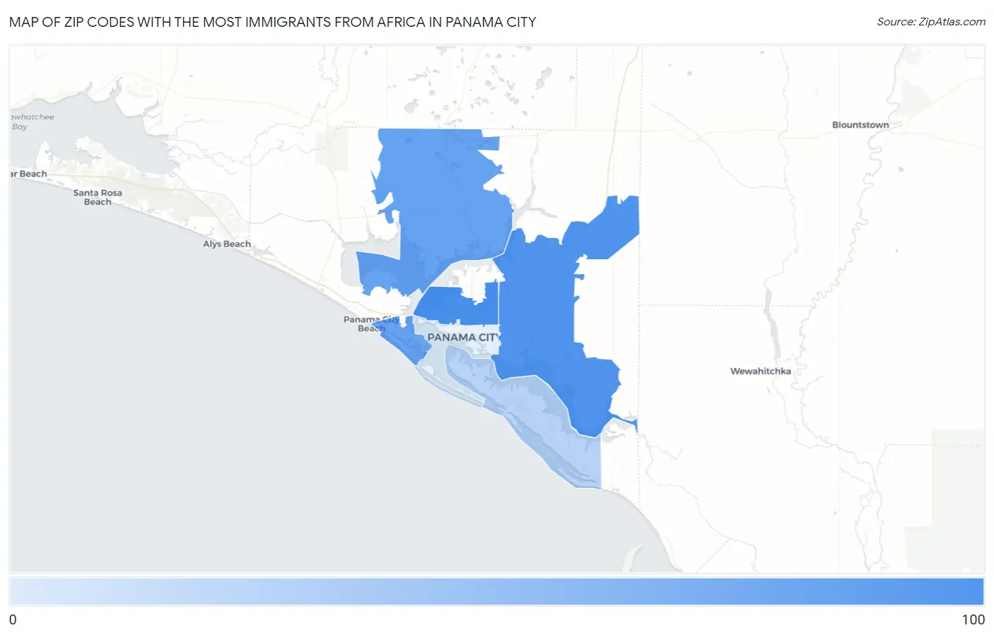 Zip Codes with the Most Immigrants from Africa in Panama City Map