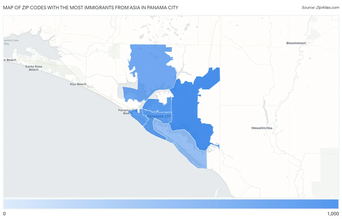 Zip Codes with the Most Immigrants from Asia in Panama City Map
