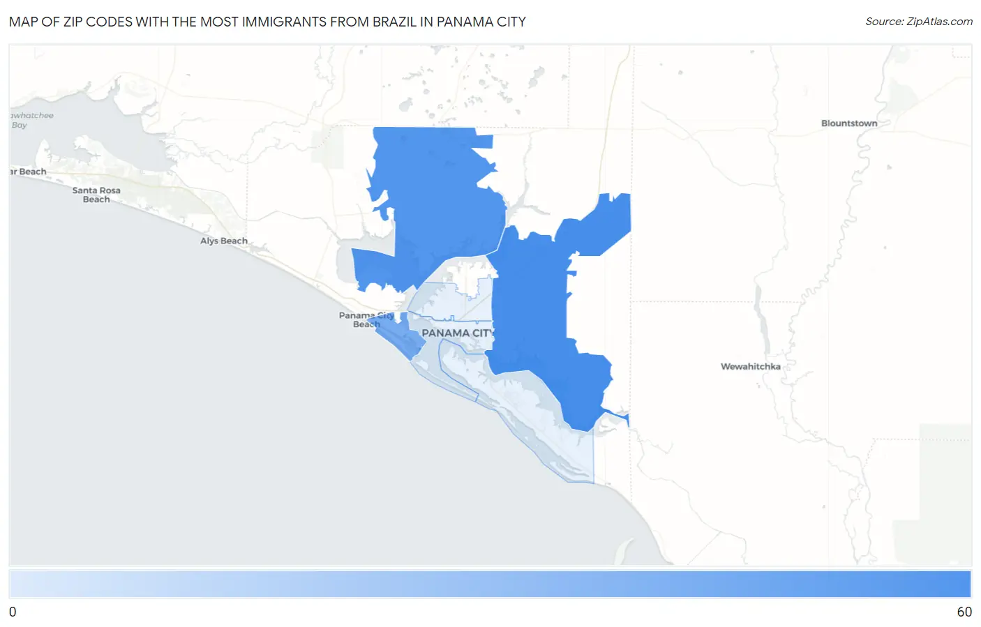 Zip Codes with the Most Immigrants from Brazil in Panama City Map