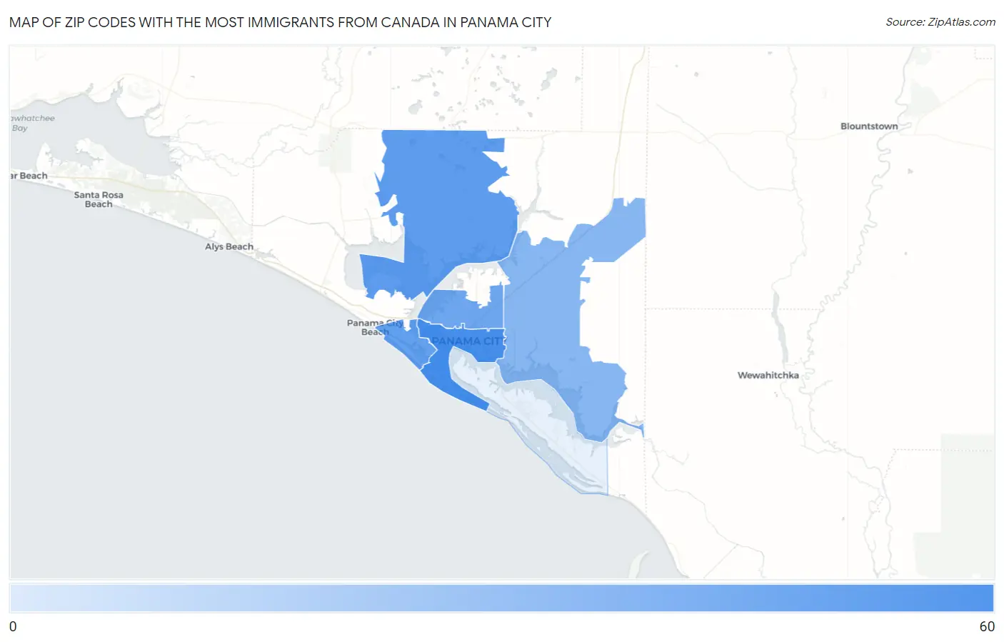 Zip Codes with the Most Immigrants from Canada in Panama City Map