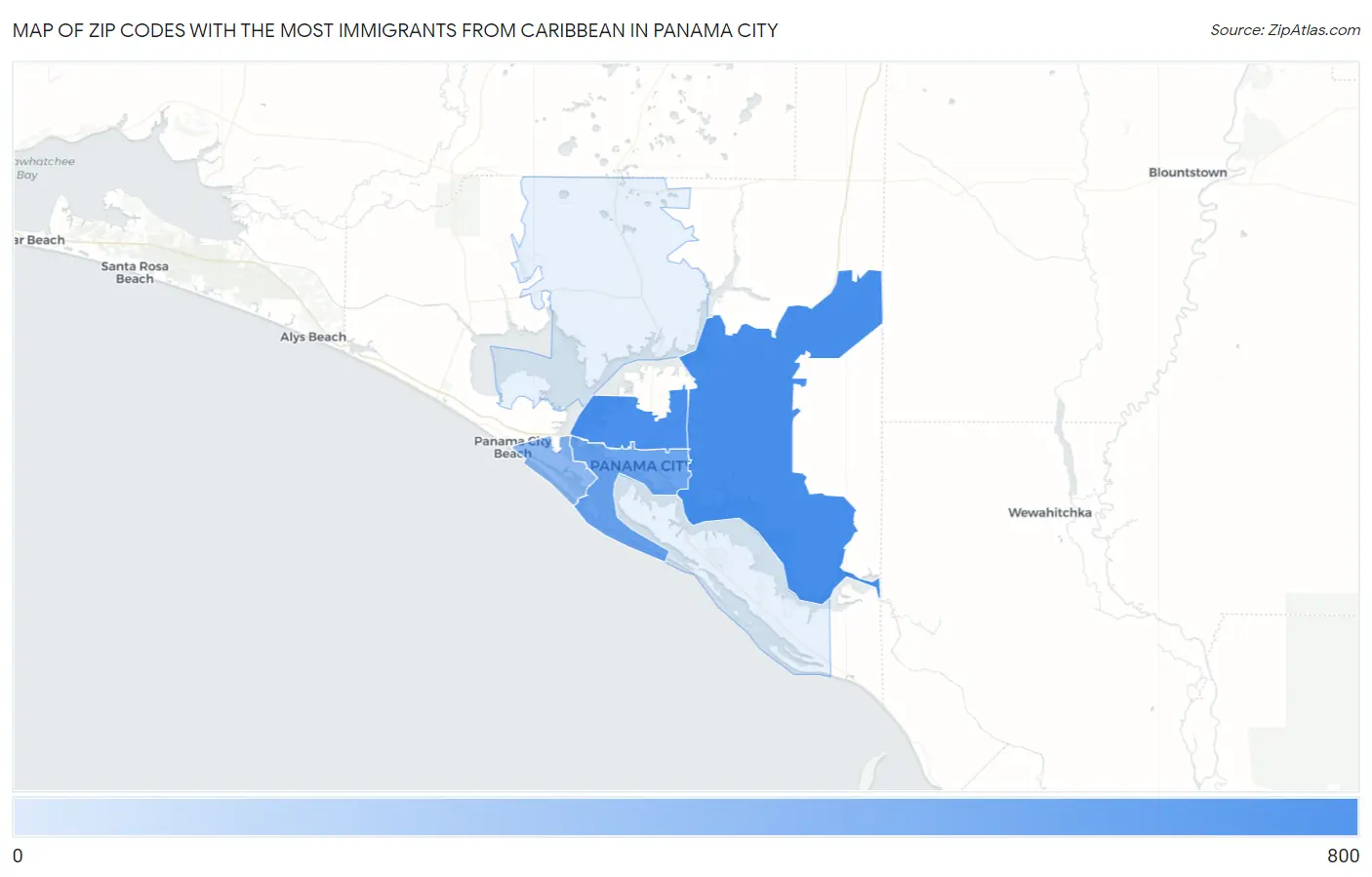 Zip Codes with the Most Immigrants from Caribbean in Panama City Map