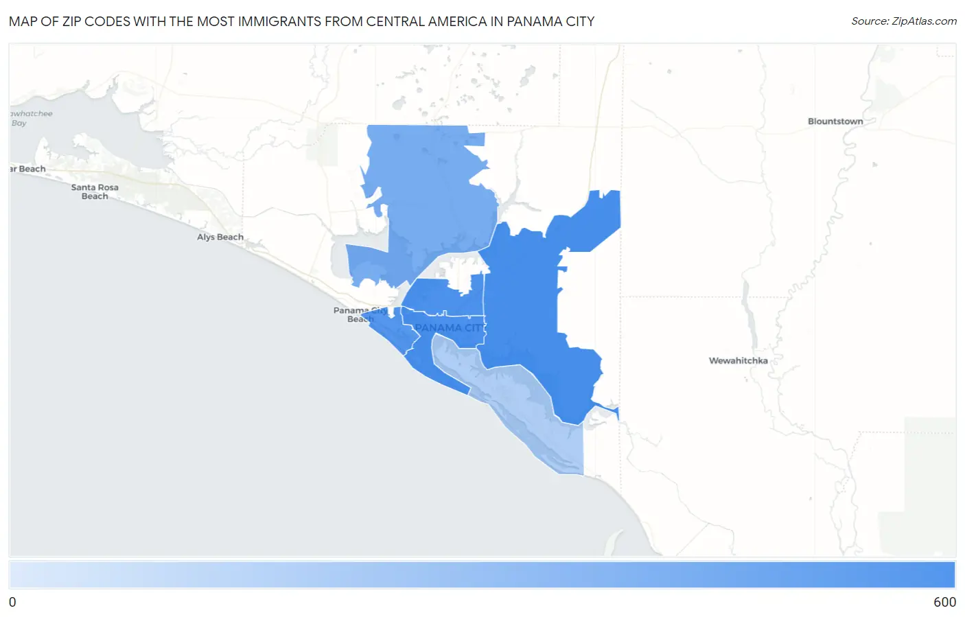 Zip Codes with the Most Immigrants from Central America in Panama City Map