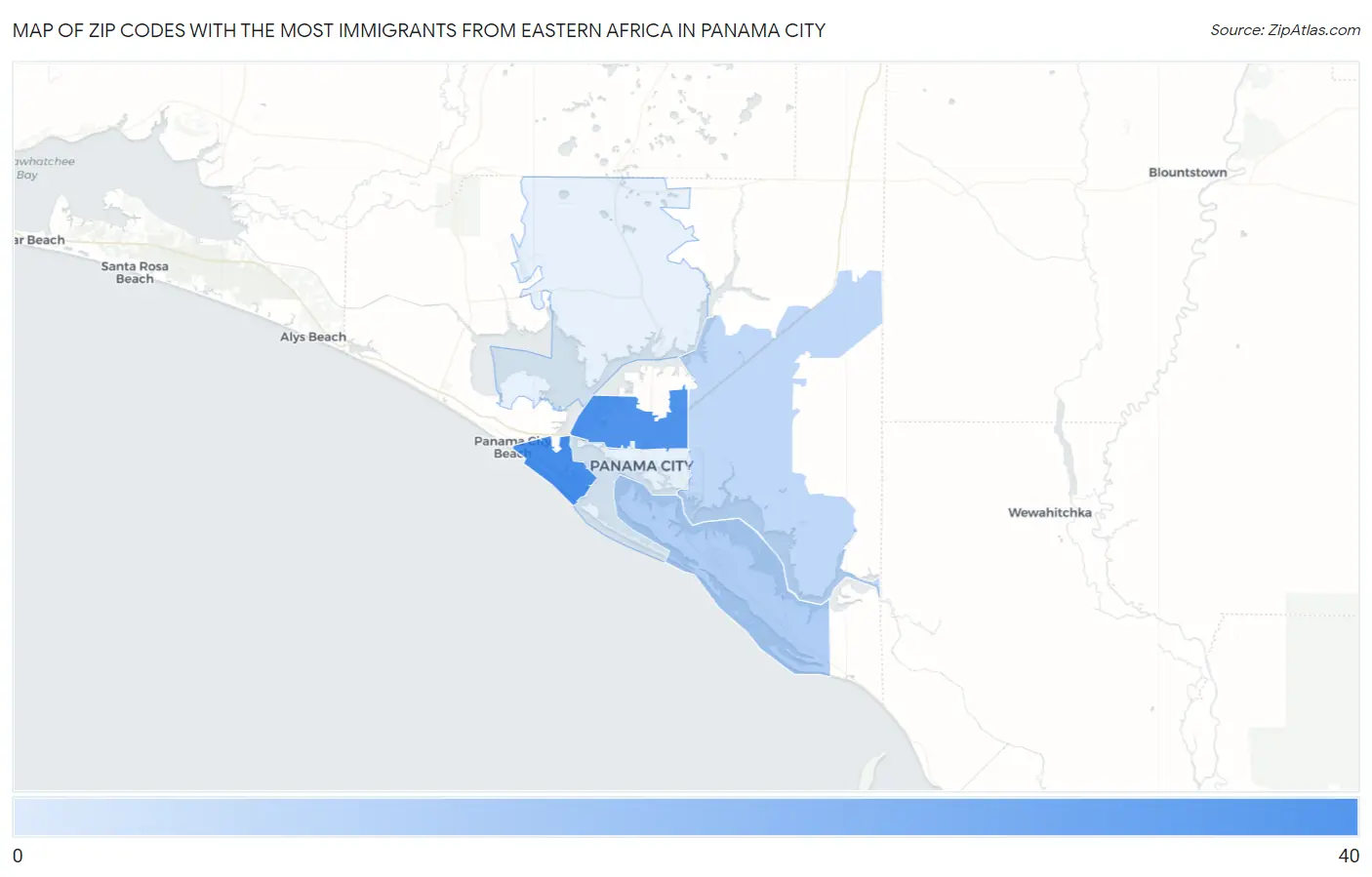 Zip Codes with the Most Immigrants from Eastern Africa in Panama City Map