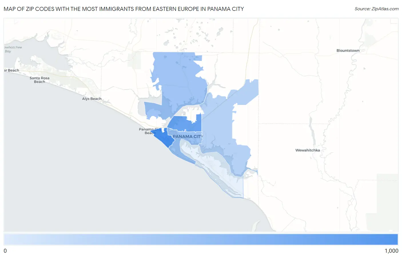 Zip Codes with the Most Immigrants from Eastern Europe in Panama City Map