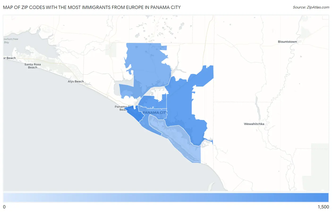 Zip Codes with the Most Immigrants from Europe in Panama City Map