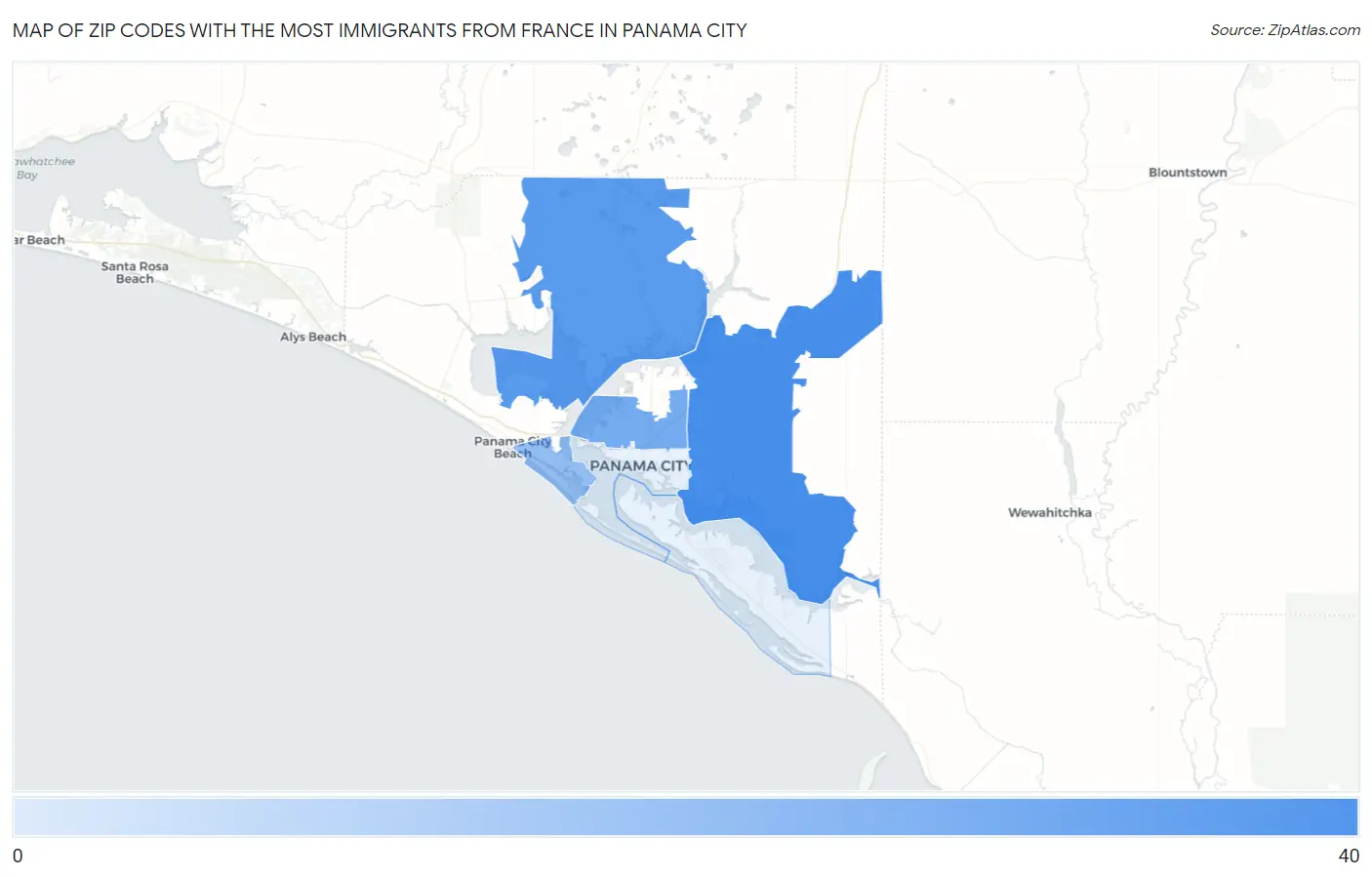 Zip Codes with the Most Immigrants from France in Panama City Map