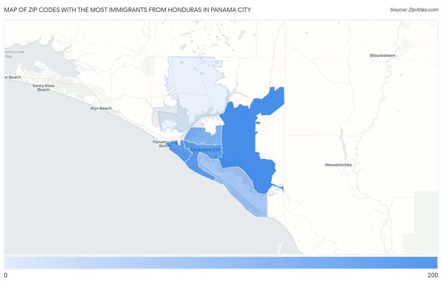 Zip Codes with the Most Immigrants from Honduras in Panama City Map