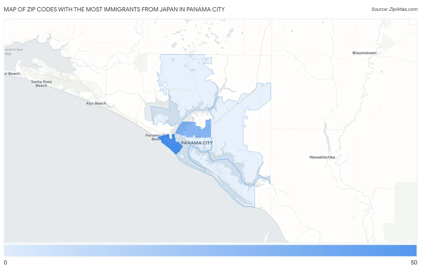 Zip Codes with the Most Immigrants from Japan in Panama City Map