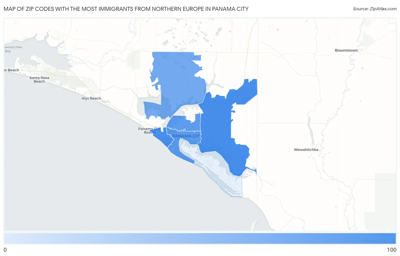 Zip Codes with the Most Immigrants from Northern Europe in Panama City Map