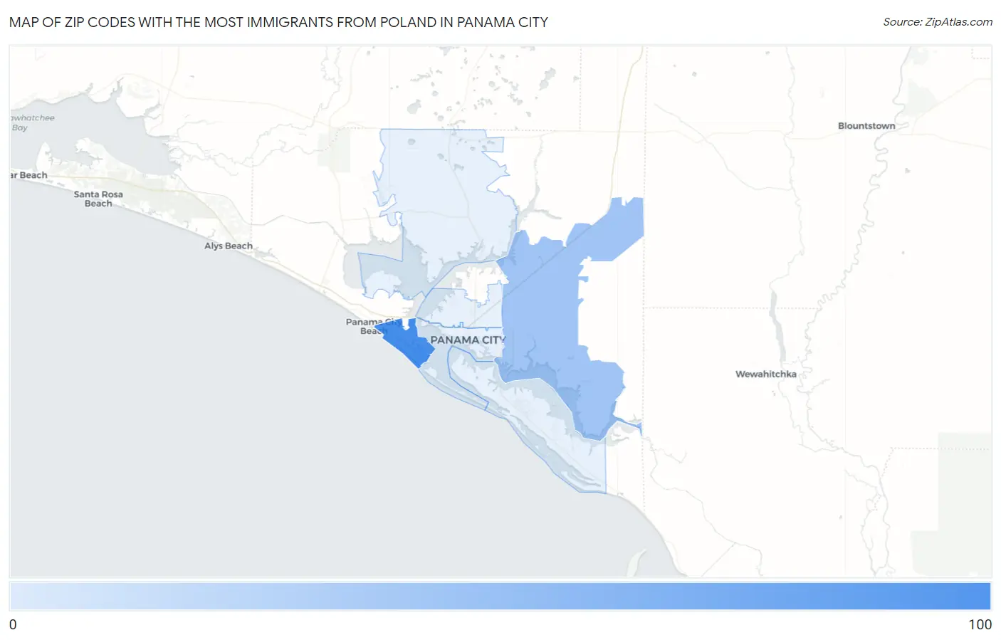 Zip Codes with the Most Immigrants from Poland in Panama City Map