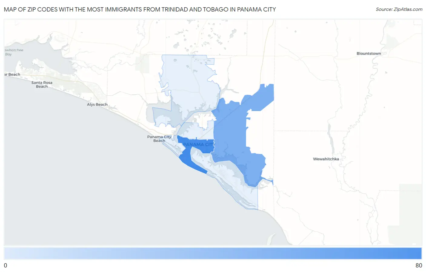 Zip Codes with the Most Immigrants from Trinidad and Tobago in Panama City Map