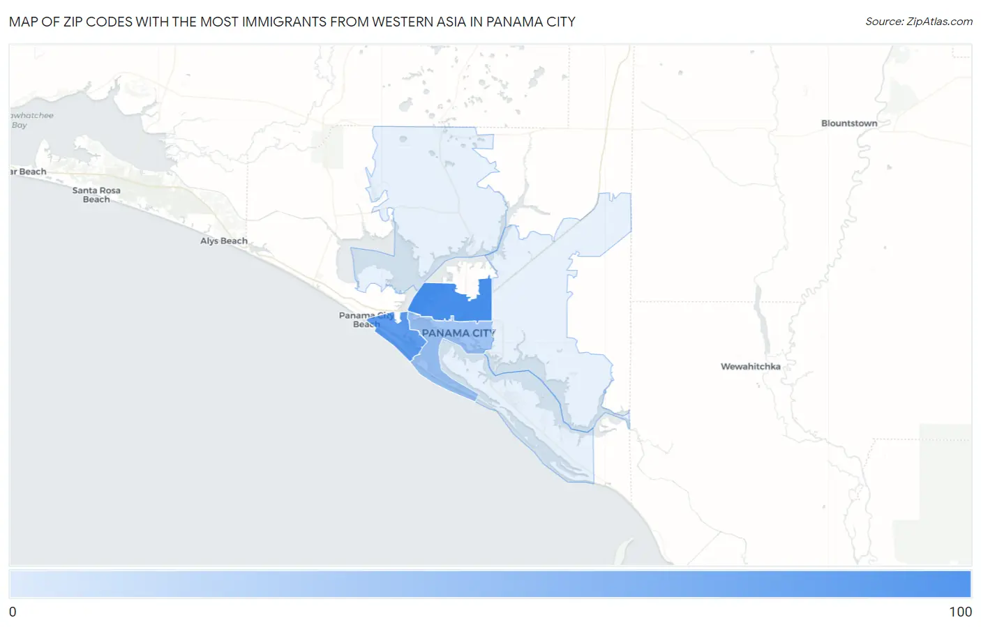 Zip Codes with the Most Immigrants from Western Asia in Panama City Map