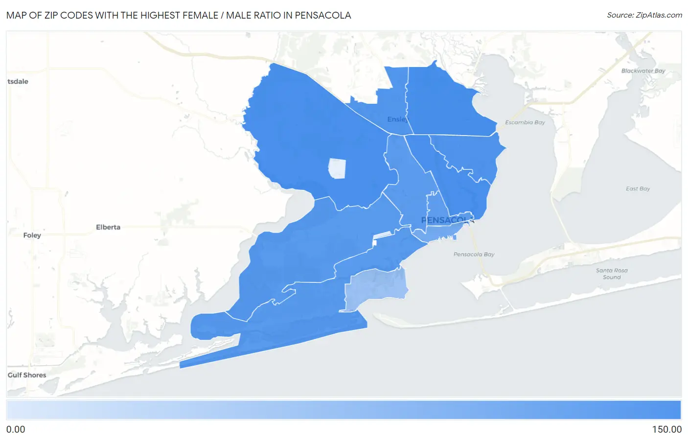 Zip Codes with the Highest Female / Male Ratio in Pensacola Map
